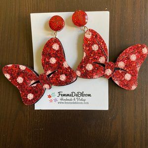 Femme De Bloom Red Sparkle Mouse Bow Drop Earrings